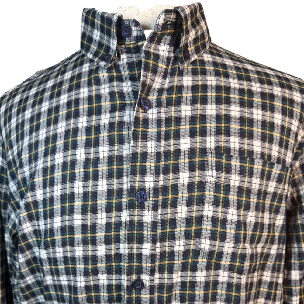 Lands End Mens Large Plaid Button Down Shirt Green White Gold Flannel Style L